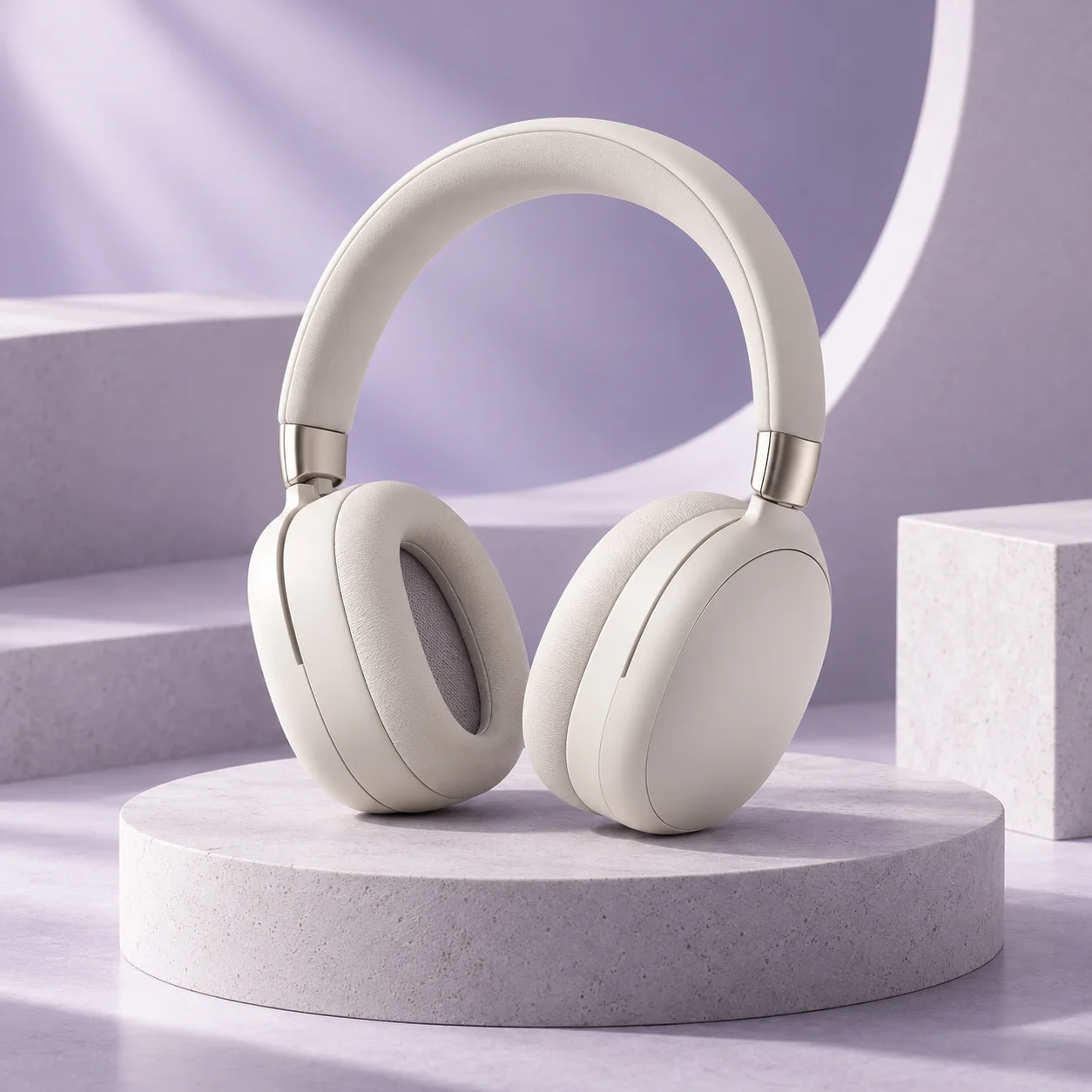 Tai nghe không dây trên bục trưng bày màu lavender