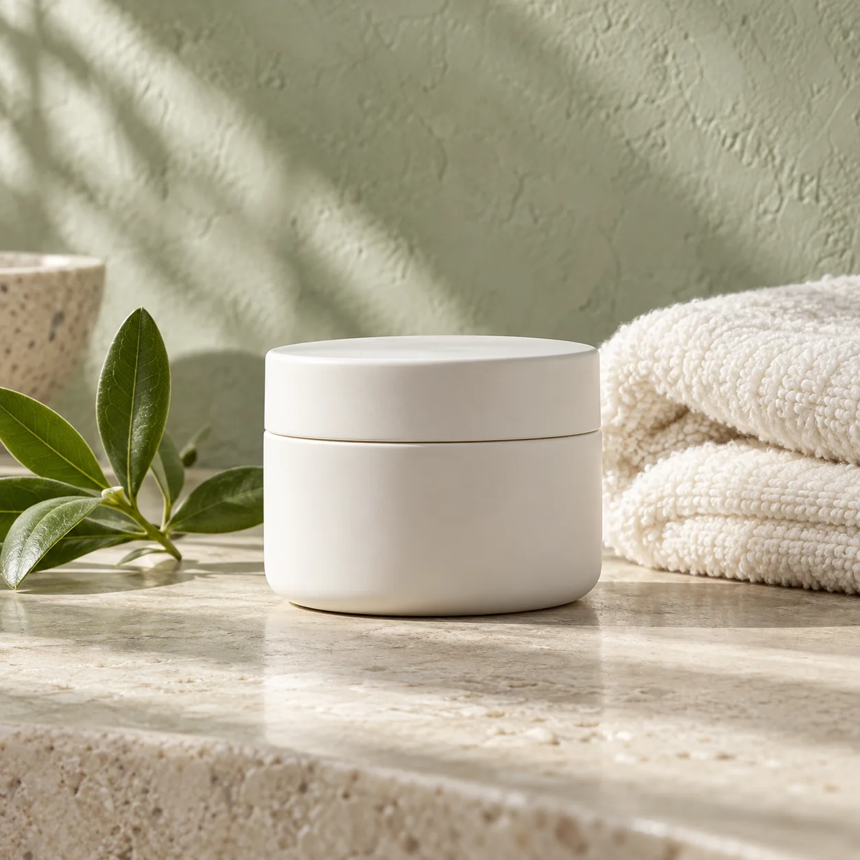 Hũ mỹ phẩm dưỡng da trong bối cảnh spa xanh nhạt
